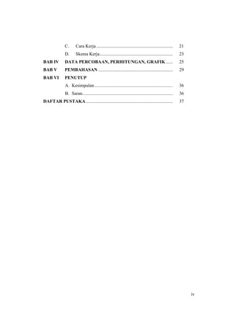 C.      Cara Kerja ...................................................................     21
               D.      Skema Kerja................................................................        23
BAB IV         DATA PERCOBAAN, PERHITUNGAN, GRAFIK ......                                                 25
BAB V          PEMBAHASAN .................................................................               29
BAB VI         PENUTUP
               A. Kesimpulan ....................................................................         36
               B. Saran ...............................................................................   36
DAFTAR PUSTAKA ............................................................................               37




                                                                                                               iv
 