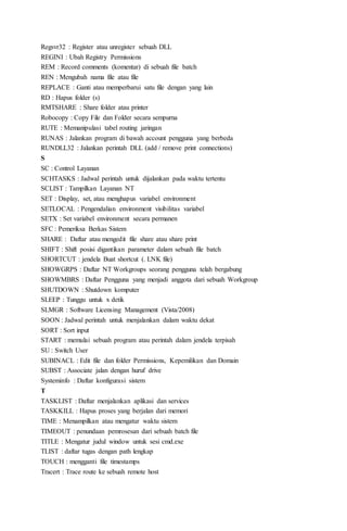 Regsvr32 : Register atau unregister sebuah DLL
REGINI : Ubah Registry Permissions
REM : Record comments (komentar) di sebuah file batch
REN : Mengubah nama file atau file
REPLACE : Ganti atau memperbarui satu file dengan yang lain
RD : Hapus folder (s)
RMTSHARE : Share folder atau printer
Robocopy : Copy File dan Folder secara sempurna
RUTE : Memanipulasi tabel routing jaringan
RUNAS : Jalankan program di bawah account pengguna yang berbeda
RUNDLL32 : Jalankan perintah DLL (add / remove print connections)
S
SC : Control Layanan
SCHTASKS : Jadwal perintah untuk dijalankan pada waktu tertentu
SCLIST : Tampilkan Layanan NT
SET : Display, set, atau menghapus variabel environment
SETLOCAL : Pengendalian environment visibilitas variabel
SETX : Set variabel environment secara permanen
SFC : Pemeriksa Berkas Sistem
SHARE : Daftar atau mengedit file share atau share print
SHIFT : Shift posisi digantikan parameter dalam sebuah file batch
SHORTCUT : jendela Buat shortcut (. LNK file)
SHOWGRPS : Daftar NT Workgroups seorang pengguna telah bergabung
SHOWMBRS : Daftar Pengguna yang menjadi anggota dari sebuah Workgroup
SHUTDOWN : Shutdown komputer
SLEEP : Tunggu untuk x detik
SLMGR : Software Licensing Management (Vista/2008)
SOON : Jadwal perintah untuk menjalankan dalam waktu dekat
SORT : Sort input
START : memulai sebuah program atau perintah dalam jendela terpisah
SU : Switch User
SUBINACL : Edit file dan folder Permissions, Kepemilikan dan Domain
SUBST : Associate jalan dengan huruf drive
Systeminfo : Daftar konfigurasi sistem
T
TASKLIST : Daftar menjalankan aplikasi dan services
TASKKILL : Hapus proses yang berjalan dari memori
TIME : Menampilkan atau mengatur waktu sistem
TIMEOUT : penundaan pemrosesan dari sebuah batch file
TITLE : Mengatur judul window untuk sesi cmd.exe
TLIST : daftar tugas dengan path lengkap
TOUCH : mengganti file timestamps
Tracert : Trace route ke sebuah remote host
 