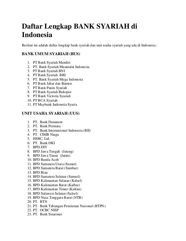 Daftar Nama Bank Syariah