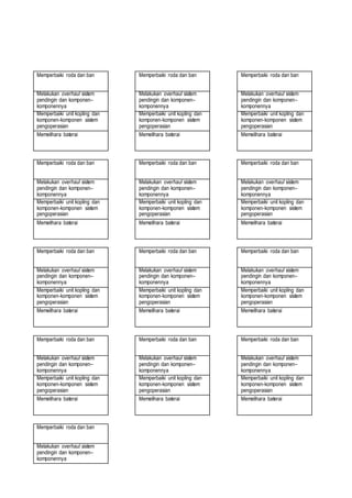 Memperbaiki roda dan ban
Melakukan overhaul sistem
pendingin dan komponen–
komponennya
Memperbaiki unit kopling dan
komponen-komponen sistem
pengoperasian
Memelihara baterai
Memperbaiki roda dan ban
Melakukan overhaul sistem
pendingin dan komponen–
komponennya
Memperbaiki unit kopling dan
komponen-komponen sistem
pengoperasian
Memelihara baterai
Memperbaiki roda dan ban
Melakukan overhaul sistem
pendingin dan komponen–
komponennya
Memperbaiki unit kopling dan
komponen-komponen sistem
pengoperasian
Memelihara baterai
Memperbaiki roda dan ban
Melakukan overhaul sistem
pendingin dan komponen–
komponennya
Memperbaiki unit kopling dan
komponen-komponen sistem
pengoperasian
Memelihara baterai
Memperbaiki roda dan ban
Melakukan overhaul sistem
pendingin dan komponen–
komponennya
Memperbaiki unit kopling dan
komponen-komponen sistem
pengoperasian
Memelihara baterai
Memperbaiki roda dan ban
Melakukan overhaul sistem
pendingin dan komponen–
komponennya
Memperbaiki unit kopling dan
komponen-komponen sistem
pengoperasian
Memelihara baterai
Memperbaiki roda dan ban
Melakukan overhaul sistem
pendingin dan komponen–
komponennya
Memperbaiki unit kopling dan
komponen-komponen sistem
pengoperasian
Memelihara baterai
Memperbaiki roda dan ban
Melakukan overhaul sistem
pendingin dan komponen–
komponennya
Memperbaiki unit kopling dan
komponen-komponen sistem
pengoperasian
Memelihara baterai
Memperbaiki roda dan ban
Melakukan overhaul sistem
pendingin dan komponen–
komponennya
Memperbaiki unit kopling dan
komponen-komponen sistem
pengoperasian
Memelihara baterai
Memperbaiki roda dan ban
Melakukan overhaul sistem
pendingin dan komponen–
komponennya
Memperbaiki unit kopling dan
komponen-komponen sistem
pengoperasian
Memelihara baterai
Memperbaiki roda dan ban
Melakukan overhaul sistem
pendingin dan komponen–
komponennya
Memperbaiki unit kopling dan
komponen-komponen sistem
pengoperasian
Memelihara baterai
Memperbaiki roda dan ban
Melakukan overhaul sistem
pendingin dan komponen–
komponennya
Memperbaiki unit kopling dan
komponen-komponen sistem
pengoperasian
Memelihara baterai
Memperbaiki roda dan ban
Melakukan overhaul sistem
pendingin dan komponen–
komponennya
 