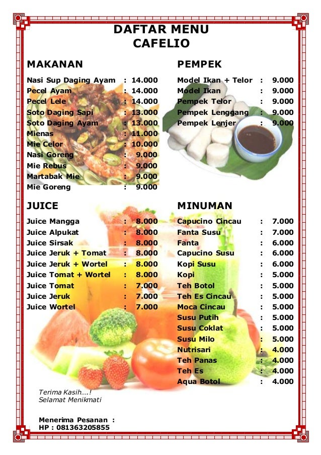 Daftar menu  cafelio