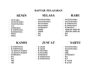 DAFTAR PELAJARAN
SENIN
- UPACARA
- MATEMATIKA
- MATEMATIKA
- TAI
- ISTIRAHAT
- B. INDONESIA
- B.INDONESIA
- PPKN
- PPKN
SELASA
- MATEMATIKA
- MATEMATIKA
- PENJASKES
- PENJASKES
- ISTIRAHAT
- FIKIH
- FIKIH
- IPS
- IPS
RABU
- MATEMATIKA
- MATEMATIKA
- B. INDONESIA
- B. INDONESIA
- ISTIRAHAT
- AKIDAH AKHLAK
- AKIDAH AKHLAK
- IPS
- IPS
KAMIS
- B. INDONESIA
- B. INDONESIA
- AL-QURAN HADIST
- AL-QURAN HADIST
- ISTIRAHAT
- IPA
- IPA
- SKI
- SKI
JUM`AT
- B. ARAB
- B. ARAB
- B. INGGRIS
- B. INGGRIS
- ISTIRAHAT
- B. INDONESIA
- B. INDONESIA
SABTU
- MATEMATIKA
- MATEMATIKA
- SBK
- SBK
- ISTIRAHAT
- IPA
- IPA
- B. ACEH
- B.ACEH
 