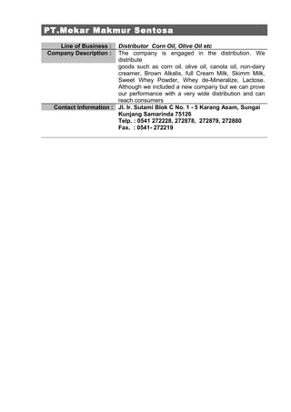 PT.Mekar Makmur Sentosa
   Line of Business :   Distributor Corn Oil, Olive Oil etc
Company Description :   The company is engaged in the distribution. We
                        distribute
                        goods such as corn oil, olive oil, canola oil, non-dairy
                        creamer, Brown Alkalis, full Cream Milk, Skimm Milk,
                        Sweet Whey Powder, Whey de-Mineralize, Lactose.
                        Although we included a new company but we can prove
                        our performance with a very wide distribution and can
                        reach consumers
  Contact Information : Jl. Ir. Sutami Blok C No. 1 - 5 Karang Asam, Sungai
                        Kunjang Samarinda 75126
                        Telp. : 0541 272228, 272878, 272879, 272880
                        Fax. : 0541- 272219
 