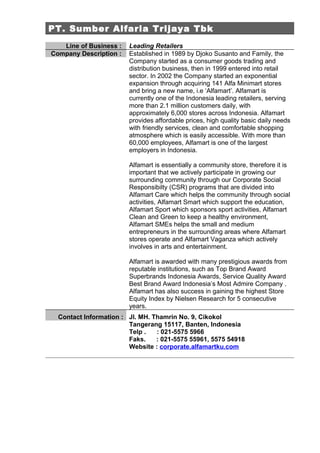PT. Sumber Alfaria Trijaya Tbk
   Line of Business :   Leading Retailers
Company Description :   Established in 1989 by Djoko Susanto and Family, the
                        Company started as a consumer goods trading and
                        distribution business, then in 1999 entered into retail
                        sector. In 2002 the Company started an exponential
                        expansion through acquiring 141 Alfa Minimart stores
                        and bring a new name, i.e ‘Alfamart’. Alfamart is
                        currently one of the Indonesia leading retailers, serving
                        more than 2.1 million customers daily, with
                        approximately 6,000 stores across Indonesia. Alfamart
                        provides affordable prices, high quality basic daily needs
                        with friendly services, clean and comfortable shopping
                        atmosphere which is easily accessible. With more than
                        60,000 employees, Alfamart is one of the largest
                        employers in Indonesia.

                        Alfamart is essentially a community store, therefore it is
                        important that we actively participate in growing our
                        surrounding community through our Corporate Social
                        Responsibilty (CSR) programs that are divided into
                        Alfamart Care which helps the community through social
                        activities, Alfamart Smart which support the education,
                        Alfamart Sport which sponsors sport activities, Alfamart
                        Clean and Green to keep a healthy environment,
                        Alfamart SMEs helps the small and medium
                        entrepreneurs in the surrounding areas where Alfamart
                        stores operate and Alfamart Vaganza which actively
                        involves in arts and entertainment.

                        Alfamart is awarded with many prestigious awards from
                        reputable institutions, such as Top Brand Award
                        Superbrands Indonesia Awards, Service Quality Award
                        Best Brand Award Indonesia’s Most Admire Company .
                        Alfamart has also success in gaining the highest Store
                        Equity Index by Nielsen Research for 5 consecutive
                        years.
  Contact Information : Jl. MH. Thamrin No. 9, Cikokol
                        Tangerang 15117, Banten, Indonesia
                        Telp .   : 021-5575 5966
                        Faks.    : 021-5575 55961, 5575 54918
                        Website : corporate.alfamartku.com
 