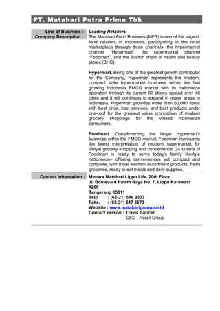 PT. Matahari Putra Prima Tbk
   Line of Business :   Leading Retailers
Company Description :   The Matahari Food Business (MFB) is one of the largest
                        food retailers in Indonesia, participating in the retail
                        marketplace through three channels: the hypermarket
                        channel “Hypermart”, the supermarket channel
                        “Foodmart”, and the Boston chain of health and beauty
                        stores (BHC).

                        Hypermart. Being one of the greatest growth contributor
                        for the Company, Hypermart represents the modern,
                        compact style hypermarket business within the fast
                        growing Indonesia FMCG market with its nationwide
                        operation through its current 60 stores spread over 40
                        cities and it will continues to expand in major areas in
                        Indonesia. Hypermart provides more than 60,000 items
                        with best price, best services, and best products under
                        one-roof for the greatest value proposition of modern
                        grocery shoppings for the valued Indonesian
                        consumers.

                        Foodmart. Complimenting the larger Hypermart's
                        business within the FMCG market, Foodmart represents
                        the latest interpretation of modern supermarket for
                        lifetyle grocery shopping and convenience. 24 outlets of
                        Foodmart is ready to serve today's family lifestyle
                        nationwide– offering conveniences yet compact and
                        complete, with more western assortment products, fresh
                        groceries, ready to eat meals and daily supplies.
  Contact Information : Menara Matahari Lippo Life, 20th Floor
                        Jl. Boulevard Palem Raya No. 7, Lippo Karawaci
                        1200
                        Tangerang 15811
                        Telp     : (62-21) 546 9333
                        Faks.    : (62-21) 547 5673
                        Website : www.mataharigroup.co.id
                        Contact Person : Travis Saucer
                                           CEO - Retail Group
 
