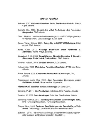 DAFTAR PUSTAKA 
Arikunto, 2010. Prosedur Penelitian Suatu Pendekatan Praktik, Rineka 
Cipta, Jakarta. 
Budiarto Eko, 2009. Biostatistika untuk Kedokteran dan Kesehatan 
Masyarakat, EGC,Jakarta. 
Dian, Novrian. http://habeahanforever.blogspot.com/2013/06/program-kb-di- 
indonesia.html. Diakses tanggal 1 April 2014 
Gegor, Varney Kriebs, 2007. Buku Ajar ASUHAN KEBIDANAN, Edisi 
empat, EGC, Jakarta. 
Irianto, Koes, 2012. Keluarga Berencana untuk Paramedis & 
Nonmedis, Yrama Widya, Bandung. 
Manuaba,I. A. C., 2008, Gawat Darurat Obstetri-Ginekologi & Obstetri- 
Ginekologi Sosial untuk Profesi Bidan, EGC, Jakarta. 
Mocthar, Rustam, 2010, Sinopsis Obstetri, EGC,Jakarta. 
Notoatmodjo, 2010. Metodologi Penelitian Kesehatan, PT Rineka Cipta, 
Jakarta. 
Pinem Saroha, 2009. Kesehatan Reproduksi & Kontrasepsi, TIM, 
Jakarta. 
Prasetyawati, Arsita Eka. 2011. Ilmu Kesehatan Masyarakat untuk 
Kebidanan Holistik, Nuha Medika, Yogyakarta. 
Profil BKKBN Nasional, diakses pada tanggal 21 Maret 2014. 
Sarwono, P., 2011. Ilmu Kandungan, Edisi dua, Bina Pustaka, Jakarta. 
Sarwono, P, 2009. Ilmu Kandungan, Edisi dua, Bina Pustaka, Jakarta. 
Sembiring Yustinus, 2013. Humbang Hasundutan Dalam Rangka 2013, 
BPS Humbang Hasundutan, Humbang Hasundutan. 
Siregar, Nova. 2014. Pedoman Pembimbingan dan Penulis Karya Tulis 
Ilmiah. Doloksanggul: Akademi Kebidanan Kesehatan Baru. 
Subandi, 2010. http://www.bappenas.go.id/files/2913/5022/6062/laporan-akhir- 
evaluasi. pdf.Diakses tanggal 21 Maret 2014. 
 