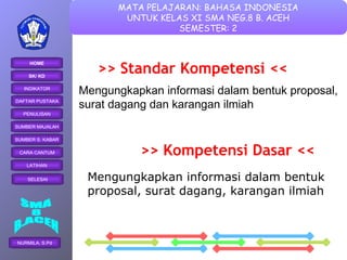 >> Standar Kompetensi << >> Kompetensi Dasar << Mengungkapkan informasi dalam  bentuk  proposal, surat dagang, karangan ilmiah Mengungkapkan informasi dalam bentuk proposal,  surat dagang dan karangan ilmiah 