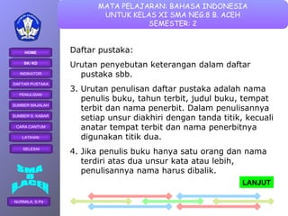 Daftar pustaka: Urutan penyebutan keterangan dalam daftar pustaka sbb. Urutan penulisan daftar pustaka adalah nama penulis buku, tahun terbit, judul buku, tempat terbit dan nama penerbit. Dalam penulisannya setiap unsur diakhiri dengan tanda titik, kecuali anatar tempat terbit dan nama penerbitnya digunakan titik dua. Jika penulis buku hanya satu orang dan nama terdiri atas dua unsur kata atau lebih, penulisannya nama harus dibalik. LANJUT 