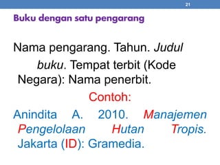 Buku dengan satu pengarang 
Nama pengarang. Tahun. Judul 
buku. Tempat terbit (Kode 
Negara): Nama penerbit. 
Contoh: 
21 
Anindita A. 2010. Manajemen 
Pengelolaan Hutan Tropis. 
Jakarta (ID): Gramedia. 
 
