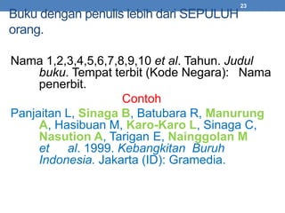 Buku dengan penulis lebih dari SEPULUH 
orang. 
23 
Nama 1,2,3,4,5,6,7,8,9,10 et al. Tahun. Judul 
buku. Tempat terbit (Kode Negara): Nama 
penerbit. 
Contoh 
Panjaitan L, Sinaga B, Batubara R, Manurung 
A, Hasibuan M, Karo-Karo L, Sinaga C, 
Nasution A, Tarigan E, Nainggolan M 
et al. 1999. Kebangkitan Buruh 
Indonesia. Jakarta (ID): Gramedia. 
 