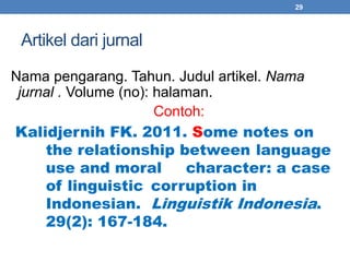 Artikel dari jurnal 
Nama pengarang. Tahun. Judul artikel. Nama 
jurnal . Volume (no): halaman. 
Contoh: 
Kalidjernih FK. 2011. Some notes on 
the relationship between language 
use and moral character: a case 
of linguistic corruption in 
Indonesian. Linguistik Indonesia. 
29(2): 167-184. 
29 
 