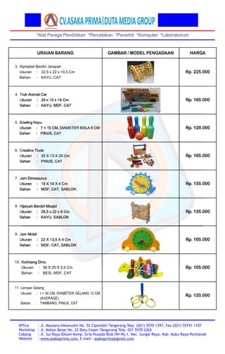 *Alat Peraga Pendidikan *Percetakan *Penerbit *Komputer *Laboratorium
Office
Workshop
Cabang
Website
: Jl. Maulana Hasanud...