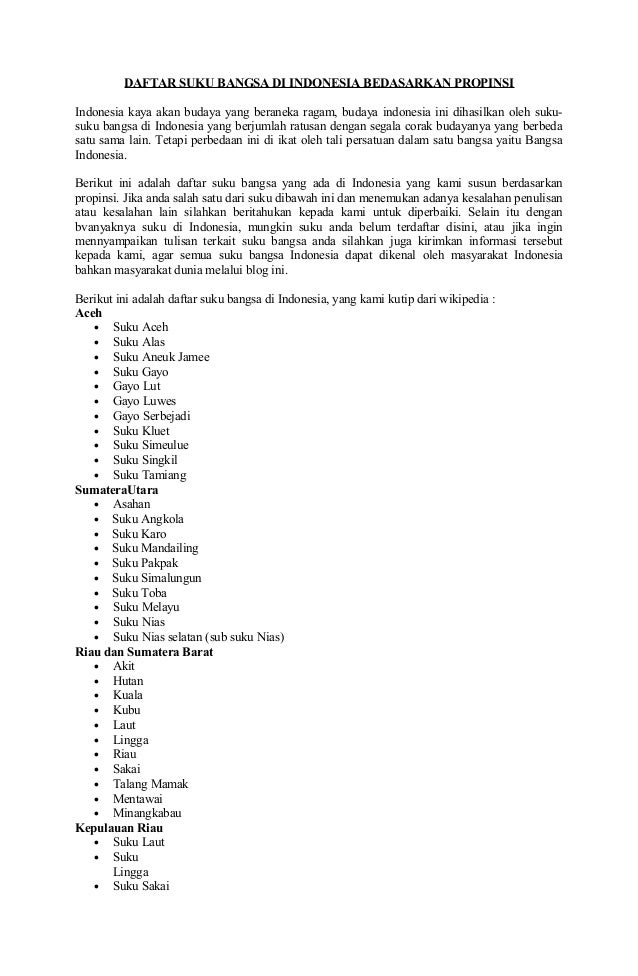 Daftar Suku Bangsa Di Indonesia Bedasarkan Propinsi