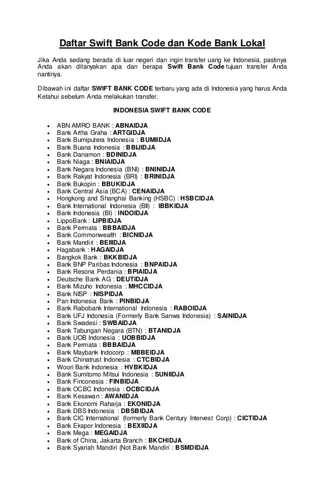 Daftar Swift Bank Code Dan Kode Bank Lokal
