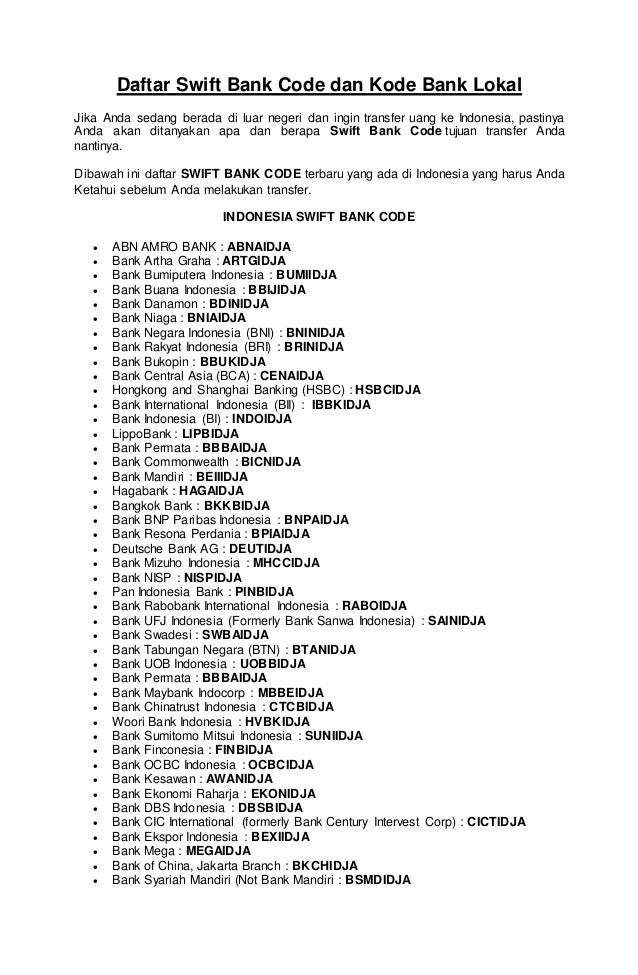 Daftar Swift Bank Code Dan Kode Bank Lokal Daftar Swift Bank Code Dan Kode Bank Lokal