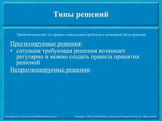 Типы решений

           Принятие решений это процесс определения проблемы и возможностей ее решения

     Прогнозируемые решения:
     • ситуация требующая решения возникает
       регулярно и можно создать правила принятия
       решений
     Непрогнощируемые решения:




Developed by Cool Pictures & MultiMedia Presentations   Copyright © 2003 by South-Western, a division of Thomson Learning. All rights reserved.
 