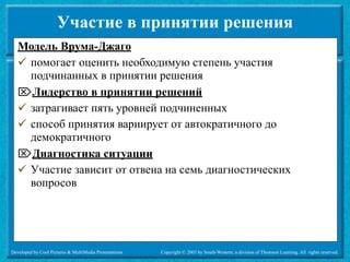Участие в принятии решения
   Модель Врума-Джаго
    помогает оценить необходимую степень участия
     подчинанных в принятии решения
   Лидерство в принятии решений
    затрагивает пять уровней подчиненных
    способ принятия вариирует от автократичного до
     демократичного
   Диагностика ситуации
    Участие зависит от отвена на семь диагностических
     вопросов




Developed by Cool Pictures & MultiMedia Presentations   Copyright © 2003 by South-Western, a division of Thomson Learning. All rights reserved.
 