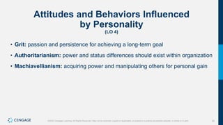 25
©2022 Cengage Learning. All Rights Reserved. May not be scanned, copied or duplicated, or posted to a publicly accessible website, in whole or in part.
Attitudes and Behaviors Influenced
by Personality
(LO 4)
• Grit: passion and persistence for achieving a long-term goal
• Authoritarianism: power and status differences should exist within organization
• Machiavellianism: acquiring power and manipulating others for personal gain
 