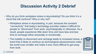 42
©2022 Cengage Learning. All Rights Reserved. May not be scanned, copied or duplicated, or posted to a publicly accessible website, in whole or in part.
Discussion Activity 2 Debrief
• Why do you think workplace stress is skyrocketing? Do you think it is a
trend that will continue? Why or why not?
− Workplace stress is skyrocketing, in part, because the constant
“connectivity” that today’s technology provides makes it difficult for
people to “disconnect” from work, psychologically or otherwise. As a
result, people experience little down time and have less and less
time to recharge either physically or emotionally.
− The inability to disconnect and recharge leads to increased stress, a
trend that is likely to continue as technological advancements make
the world even smaller and make it ever more difficult to get away
from work.
 