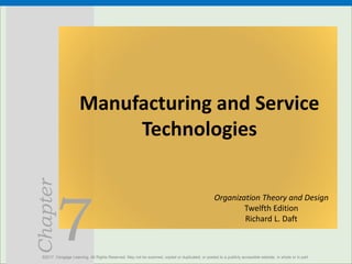 7
Chapter
Manufacturing and Service
Technologies
©2017 Cengage Learning. All Rights Reserved. May not be scanned, copied or duplicated, or posted to a publicly accessible website, in whole or in part.
Organization Theory and Design
Twelfth Edition
Richard L. Daft
 