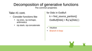 Decomposition of generative functions
The common properties
Take #1 cont.
– Consider functions like
●
np.ones, np.reshape,
arithmetics
●
np.stack, np.concatenate
for Didx in OutBuf:
k = find_source_parition()
OutBuf[Didx] = Fk( Ik(Didx) )
●
Intuitive
●
Branch in loop
 