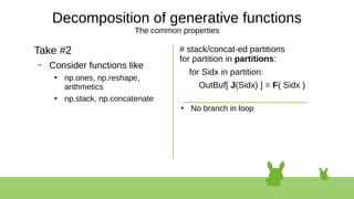 Decomposition of generative functions
The common properties
Take #2
– Consider functions like
●
np.ones, np.reshape,
arithmetics
●
np.stack, np.concatenate
# stack/concat-ed partitions
for partition in partitions:
for Sidx in partition:
OutBuf[ J(Sidx) ] = F( Sidx )
●
No branch in loop
 