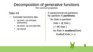 Decomposition of generative functions
The common properties
Take #3
– Consider functions like
●
np.ones, np.reshape,
arithmetics
●
np.stack, np.concatenate
●
np.repeat
# stack/concat-ed partitions
for partition in partitions:
for Sidx in partition:
Didx = J( Sidx )
v = F( Sidx )
for Kidx in scatters(Didx):
OutBuf[ Kidx ] = v
 