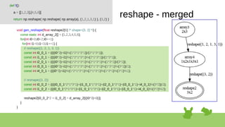void gen_reshape(float reshape2[6] /* shape=[3, 2] */) {
const static int d_array_2[] = {1,2,3,4,5,6};
for(int i0=0;i0<2;i0+=1)
for(int i1=0;i1<3;i1+=1) {
// reshape((1, 2, 1, 3, 1))
const int i0_0_1 = ((((i0*3)+i1)%(1*2*1*3*1))/(2*1*3*1));
const int i1_0_1 = ((((i0*3)+i1)%(1*2*1*3*1)%(2*1*3*1))/(1*3*1));
const int i2_0_1 = ((((i0*3)+i1)%(1*2*1*3*1)%(2*1*3*1)%(1*3*1))/(3*1));
const int i3_0_1 = ((((i0*3)+i1)%(1*2*1*3*1)%(2*1*3*1)%(1*3*1)%(3*1))/1);
const int i4_0_1 = (((i0*3)+i1)%(1*2*1*3*1)%(2*1*3*1)%(1*3*1)%(3*1)%1);
// reshape((3, 2))
const int i0_0_2 = ((((i0_0_1*2*1*3*1)+(i1_0_1*1*3*1)+(i2_0_1*3*1)+(i3_0_1*1)+i4_0_1)%(3*2))/2);
const int i1_0_2 = (((i0_0_1*2*1*3*1)+(i1_0_1*1*3*1)+(i2_0_1*3*1)+(i3_0_1*1)+i4_0_1)%(3*2)%2);
reshape2[i0_0_2*2 + i1_0_2] = d_array_2[((i0*3)+i1)];
}
}
def f():
a = [[1,2,3],[4,5,6]]
return np.reshape( np.reshape( np.array(a), (1,2,1,3,1) ), (3,2) )
reshape - merged
 
