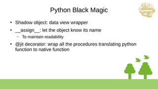 Python Black Magic
●
Shadow object: data view wrapper
●
__assign__: let the object know its name
– To maintain readability
●
@jit decorator: wrap all the procedures translating python
function to native function
 