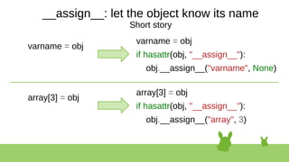 __assign__: let the object know its name
Short story
varname = obj
varname = obj
if hasattr(obj, "__assign__"):
obj.__assign__("varname", None)
array[3] = obj
array[3] = obj
if hasattr(obj, "__assign__"):
obj.__assign__("array", 3)
 