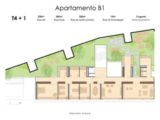Apartamento B1 T4 + 1 285m 2 Área bruta 230m 2 Área útil 220m 2 Área de Jardim privativo 3 lugares Estacionamento 15m 2 Área de Arrecadação Clique para  avançar. 