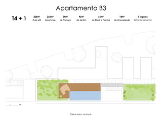 T4 + 1 205m 2 Área útil 260m 2 Área bruta 93m 2 de Jardim 3 lugares Estacionamento 18m 2 de Arrecadação 24m 2 de Terraço 65m 2 de Deck e Piscina Apartamento B3 Clique para  avançar. 