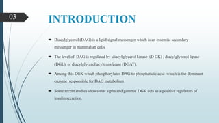 INTRODUCTION
 Diacylglycerol (DAG) is a lipid signal messenger which is an essential secondary
messenger in mammalian cells
 The level of DAG is regulated by diacylglycerol kinase (D GK) , diacylglycerol lipase
(DGL), or diacylglycerol acyltransferase (DGAT).
 Among this DGK which phosphorylates DAG to phosphatidic acid which is the dominant
enzyme responsible for DAG metabolism
 Some recent studies shows that alpha and gamma DGK acts as a positive regulators of
insulin secretion.
03
 