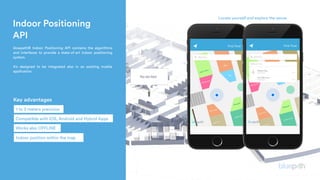 Locate yourself and explore the venue
bluepath® Indoor Positioning API contains the algorithms
and interfaces to provide a state-of-art indoor positioning
system.
It's designed to be integrated also in an existing mobile
application.
Key advantages
Indoor Positioning
API
 
Indoor position within the map
1 to 3 meters precision
Compatible with iOS, Android and Hybrid Apps
Works also OFFLINE
 