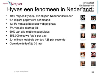 Hyves een fenomeen in Nederland
•   10,9 miljoen Hyvers / 9,2 miljoen Nederlandse leden
•   6,4 miljard pageviews per maand
•   13,3% van alle bekeken web pagina’s
•   7% van alle internet tijd
•   60% van alle mobiele pageviews
•   858.000 nieuwe foto’s per dag
•   2,4 miljoen krabbels per dag / 28 per seconde
•   Gemiddelde leeftijd 30 jaar




       | hyves.nl/adverteren
                                                          33
 