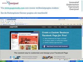 Via www.pagemodo.com een mooie welkomstpagina maken:

Zie de Buitenplaats Gerner pagina als voorbeeld




                                                       54
 