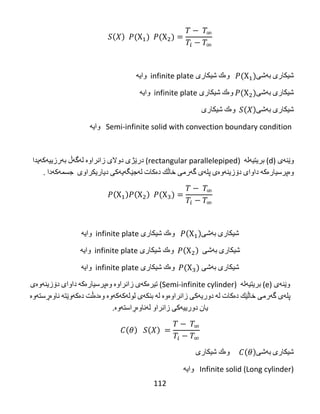 112
‫شیكاری‬‌‫به‬‌‫شی‬‌‌‫وه‬‌‫ك‬‌‫شیكاری‬‌infinite plate‌‌‫وایه‬‌‌
‫شیكاری‬‌‫به‬‌‫شی‬‫وه‬‌‫ك‬‌‫شیكاری‬‌infinite plate‌‌‫وایه‬‌‌
‫شیكاری‬‌‫به‬‌‫شی‬‌‫وه‬‌‫ك‬‌‫شیكاری‬
‌Semi-infinite solid with convection boundary condition‌‌‌‫وایه‬‌
‫وێنه‬‌‫ی‬‌)d‌(‫بریتیه‬‌‫له‬‌‌‌)rectangular parallelepiped‌(‫درێژی‬‌‫دوالی‬‌‫زانراوه‬‌‌‫له‬‌‫گه‬‌‫ڵ‬‌‫به‬‌‫رزییه‬‌‫كه‬‌‫یدا‬‌
‫وه‬‌‫پرسیاره‬‌‫كه‬‌‌‫داوای‬‌‫دۆزینه‬‌‫وه‬‌‫ی‬‌‫پله‬‌‫ی‬‌‫گه‬‌‫رمی‬‌‫خاڵك‬‌‫ده‬‌‫كات‬‌‫له‬‌‫جێگه‬‌‫یه‬‌‫كی‬‌‫دیاریكراوی‬‌‌‫جسمه‬‌‫كه‬‌‫دا‬‌‌.‌
‫شیكاری‬‌‫به‬‌‫شی‬‌‌‫وه‬‌‫ك‬‌‫شیكاری‬‌infinite plate‌‌‫وایه‬‌‌
‫شیكاری‬‌‫به‬‌‫شی‬‌‫وه‬‌‫ك‬‌‫شیكاری‬‌infinite plate‌‌‫وایه‬‌
‫شیكاری‬‌‫به‬‌‫شی‬‌‌‌‫وه‬‌‫ك‬‌‫شیكاری‬‌infinite plate‌‌‫وایه‬‌‌
‫وێنه‬‌‫ی‬‌)e‌(‫بریتیه‬‌‫له‬‌‌‌)Semi-infinite cylinder‌(‫تیره‬‌‫كه‬‌‫ی‬‌‫زانراوه‬‌‌‫وه‬‌‫پرسیاره‬‌‫كه‬‌‌‫داوای‬‌‫دۆزینه‬‌‫وه‬‌‫ی‬‌
‫پله‬‌‫ی‬‌‫گه‬‌‫رمی‬‌‫خاڵێك‬‌‫ده‬‌‫كات‬‌‫له‬‌‌‫دوریه‬‌‫كی‬‌‫زانراوه‬‌‫وه‬‌‌‫له‬‌‌‫بنكه‬‌‫ی‬‌‫لوله‬‌‫كه‬‌‫كه‬‌‫وه‬‌‌‫وه‬‌‫ده‬‌‫ڵت‬‌‫ده‬‌‫كه‬‌‫وێته‬‌‌‫ناوه‬‌‫ڕسته‬‌‫وه‬‌‌
‫یان‬‌‫دورییه‬‌‫كی‬‌‫زانراو‬‌‫له‬‌‫ناوه‬‌‫ڕاسته‬‌‫وه‬‌.‌
‫شیكاری‬‌‫به‬‌‫شی‬‌‌‌‌‫وه‬‌‫ك‬‌‫شیكاری‬
Infinite solid (Long cylinder)‌‌‌‫وایه‬‌
 