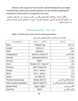 22
However, the subjects of heat transfer and thermodynamics are highly
complimentary. Many heat transfer problems can be solved by applying the
principles of conservation of energy (the First Law)
‫ل‬‫ە‬‫گ‬‫ەڵ‬‫ئ‬‫ە‬‫و‬‫ە‬،‫غذا‬‫ثبث‬‫ە‬‫ت‬‫ە‬‫ك‬ً‫ب‬ً‫گىاضت‬‫ٌەوەی‬ً‫گەره‬‫و‬‫ثساوتي‬ ‫گەرهی‬‫ز‬‫ۆ‬‫ر‬‫يەکترى‬ ‫تەواوکەری‬.
‫ز‬‫ۆ‬‫ر‬ً‫گرفت‬ٌ‫گىاضت‬‫ە‬‫و‬‫ە‬‫ی‬‫گ‬‫ە‬ً‫رهی‬‫د‬‫ە‬ً‫تىا‬‫رێت‬‫چبر‬‫ە‬‫ض‬‫ە‬‫ر‬‫ثكر‬‫ێت‬‫ثە‬‫ج‬‫ێ‬‫ج‬‫ە‬‫ج‬‫ێ‬‫کردًی‬ٌ‫ث‬‫ە‬‫هب‬‫ی‬‫پبر‬‫اضتٌی‬
‫وز‬‫ە‬(‫يبضبي‬‫ي‬‫ە‬‫ك‬‫ە‬‫م‬.)
Dimension and Unit ‫ڕە‬‫ه‬‫ه‬‫ند‬‫و‬‫ی‬‫ه‬‫ك‬‫ه‬
Table 1.1 Dimensions and units of various parameters
‫خػتە‬(1.1)‫ڕە‬‫ه‬‫ە‬‫ًذ‬‫و‬‫ي‬‫ە‬‫ك‬‫ە‬‫ي‬‫ه‬‫ۆ‬‫كبري‬‫ج‬‫ۆ‬‫راوج‬‫ۆ‬‫ر‬
Parameters ‫یه‬‌‫كه‬‌‫كان‬Units‌‌ ‫هێنده‬‌‫كان‬
Mass Kilogram, kg ‫بارستاى‬‌
Length metre, m ‫درێژى‬‌‌‌
Time seconds, s ‫كات‬‌‌‌‌‌‌
Temperature Kelvin, K, Celcius o
C ‫پله‬‌‫ى‬‌‫گه‬‌‫رمى‬‌
Velocity metre/second,m/s ‫خێراى‬‌
Density kg/m3
‫چڕى‬‌‌
Force Newton, N = 1 kg m/s2
‫هێز‬‌‌‌
Pressure N/m2
, Pascal, Pa ‫په‬‌‫ستان‬‌‌‌
Energy N-m, = Joule, J ‫وزه‬‌‌‌
Work N-m, = Joule, J ‫ئیش‬‌
Power J/s, Watt, W ‫توانا‬‌
Thermal Conductivity W/mK, W/mo
C ‫تواناى‬‌‫گه‬‌‫یاندنى‬‌‫گه‬‌‫رمى‬‌
Heat Transfer Coefficient W/m2
K, W/m2o
C ‫هاوكۆلكه‬‌‫ى‬‌‫گواستنه‬‌‫وه‬‌‫ى‬‌‫گه‬‌‫رمى‬‌
Specific Heat J/kg K, J/kgo
C ‫گه‬‌‫رمى‬‌‫جۆرى‬‌
Heat Flux W/m2
‫لێشاوى‬‌‫گه‬‌‫رمى‬‌
 