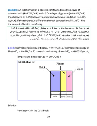 39
Example: An exterior wall of a house is constructed by a 0.1m layer of
common brick (k=0.7 W/m.K) and a 0.04m layer of gypsum (k=0.48 W/m.K)
then followed by 0.058m loosely packed rock with wool insulation (k=0.065
W/m.K). If the temperatue difference through composite wall is 20℃ . Find
the amount of heat is transfering.
ً‫ًوىو‬‫ە‬:‫ديىار‬‫ێ‬ً‫ك‬‫دەرەکی‬‫خبًى‬‫يە‬‫ك‬‫دروضت‬‫كرا‬‫وە‬‫ثە‬ٌ‫چی‬‫ێکی‬(0.1m)‫ی‬‫خػتی‬‫ئبضبی‬(k=0.7
W/m.K).‫وە‬ٌ‫چی‬‫ێکی‬(0.04m)‫ی‬‫ث‬‫ە‬‫ردي‬‫د‬‫ە‬‫ثبغیر‬(k=0.48 W/m.K)‫پبغبى‬(0.058m)‫ث‬‫ە‬‫ردي‬
‫ثە‬ ‫دێت‬ ‫پێچراوە‬‫خىري‬‫جیبکەرەوە‬(k=0.065 W/m.K. )‫ئ‬‫ە‬‫گ‬‫ە‬‫ر‬‫جیبوا‬‫ي‬‫پل‬‫ە‬‫ي‬‫گ‬‫ە‬ً‫ره‬‫ث‬‫ە‬‫ًبو‬‫ديىار‬‫ە‬
‫پ‬‫ێ‬‫كه‬‫ێ‬ٌ‫ە‬‫ر‬‫ە‬‫ك‬‫ەدا‬(20℃)‫ثێت‬.‫ث‬‫ڕ‬‫ي‬‫ئەو‬‫گ‬‫ە‬‫ره‬‫یە‬‫ثذ‬‫ۆ‬‫ز‬‫ە‬‫رە‬‫و‬‫ە‬‫کە‬‫د‬‫ە‬‫گىاز‬‫ێ‬‫ت‬‫ە‬‫و‬‫ە‬.
Given: Thermal conductivity of brick , thermal conductivity of
Plaster , thermal conductivity of wool= ,
Temperature difference= ℃=293 K
Solution:
From page 43 in the Data book:
 