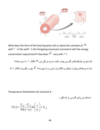 44
‌
What does the form of the heat Equation tell us about the variation of
with in the wall? Is the foregoing conclusion consistent with the energy
conservation requirement? How does vary with ?
‫کام‬‫ش‬‫ێ‬‫و‬‫ە‬‫ى‬‫هاوك‬‫ێ‬‫ش‬‫ه‬‫ك‬‫ه‬‫ى‬‫گ‬‫ه‬‫رمى‬‫پێمان‬‫د‬‫ەڵێ‬‫ت‬‫د‬‫ە‬‫ربار‬‫ە‬‫ى‬‫گۆڕانی‬‫لهگهڵ‬‫دیوارەکهدا؟‬ ‫له‬
‫پێشودا‬ ‫پوختهکهی‬ ‫له‬ ‫ئایه‬‫جیگیری‬‫لهگهڵ‬‫وزە‬ ‫پاراستنی‬‫دا‬‫پێویست‬‫ه‬‫؟‬‫چۆن‬‫لهگهڵ‬ ‫دەگۆڕێت‬‫دا‬‫؟‬
Temperature Distribution for Constant K :
‫بۆ‬ ‫گهرمى‬ ‫پلهى‬ ‫دابهشكردنى‬K‫نهگۆڕ‬:
rq
r
rq r
rqr
rqr
 
 
,1 ,2
,2
1 2 2
ln
ln /
s s
s
T T r
T r T
r r r
 
  
 
 
 