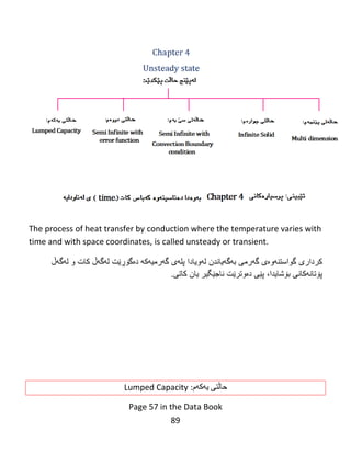 89
The process of heat transfer by conduction where the temperature varies with
time and with space coordinates, is called unsteady or transient.
‫كردارى‬‫بهگهیاندن‬ ‫گهرمى‬ ‫گواستنهوەی‬‫لهویادا‬‫لهگهڵ‬ ‫و‬ ‫كات‬ ‫لهگهڵ‬ ‫دەگۆڕێت‬ ‫گهرمیهكه‬ ‫پلهى‬
‫پۆتانهکانی‬‫بۆشای‬‫دا‬،‫کاتی‬ ‫یان‬ ‫ناجێگیر‬ ‫دەوترێت‬ ‫پێی‬.
‌
‌
‌
‫حاڵتی‬‌‫یه‬‌‫كه‬‌‫م‬‌:Lumped Capacity‌
Page 57 in the Data Book
 
