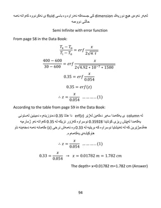 94
‫له‬‌‫به‬‌‫ر‬‌‫ئه‬‌‫وه‬‌‫ی‬‌‫هیچ‬‌‫دوریه‬‌‫ك‬‌dimension‌‫كی‬‌‫جسمه‬‌‫كه‬‌‌‫نه‬‌‫دراوه‬‌‌‫وه‬‌‌‫باسی‬‌fluid‌‫ی‬‌‫نه‬‌‫كردووه‬‌‌‫كه‬‌‫واته‬‌‌‫ئه‬‌‫مه‬‌‌
‫حاڵتی‬‌‫دووه‬‌‫مه‬‌‌
Semi Infinite with error function
From page 58 in the Data Book:
√
√
According to the table from page 59 in the Data Book:
‫له‬‌‌column‌‌‫ی‬‌‫یه‬‌‫كه‬‌‫مدا‬‌‫سه‬‌‫یر‬‌‫ده‬‌‫كه‬‌‫ین‬‌‫له‬‌‫ژێر‬‌erf(z)‌‌‌‫دا‬‌‫هاتا‬‌6.35‌‫ده‬‌‫دۆزینه‬‌‫وه‬‌‌‫ده‬‌‫بینین‬‌‫له‬‌‫ستونی‬‌
‫یه‬‌‫كه‬‌‫مدا‬‌‫له‬‌‫پێش‬‌‫ڕیزی‬‌‫كۆتایدا‬‌6.35928‌‫نوسراوه‬‌‌‫كه‬‌‫زۆر‬‌‫نزیكه‬‌‌‫له‬‌‌6.35‌‫كه‬‌‫واته‬‌‌‫ئه‬‌‫و‬‌‫ژماره‬‌‫یه‬‌‌
‫هه‬‌‫ڵده‬‌‫بژێرین‬‌‫كه‬‌‌‫له‬‌‌‫ته‬‌‫نیشتیا‬‌‫نوسراوه‬‌‌‫كه‬‌‌‫بریتیه‬‌‌‫له‬‌‌6.33‌‫وه‬‌‌‫ئه‬‌‫مه‬‌‫ش‬‌‫نرخی‬‌)z‌(‫ه‬‌‫كه‬‌‫مانه‬‌‌‫ئه‬‌‫مه‬‌‌‫ده‬‌‫خه‬‌‫ینه‬‌‌‫ناو‬‌
‫هاوكێشه‬‌‫ی‬‌‫یه‬‌‫كه‬‌‫مه‬‌‫وه‬‌.‌
The depth= x=0.01782 m=1.782 cm (Answer)
‌
 