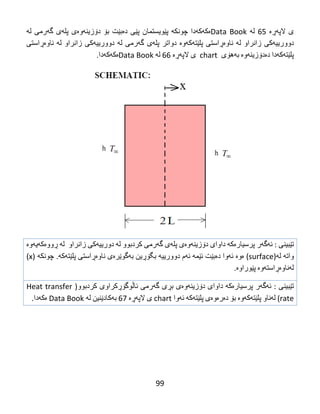 99
‫ی‬‌‫الپه‬‌‫ڕه‬‌‌65‌‫له‬‌‌Data Book‫ه‬‌‫كه‬‌‫كه‬‌‫دا‬‌‫چونكه‬‌‌‫پێویستمان‬‌‫پێی‬‌‫ده‬‌‫بێت‬‌‫بۆ‬‌‫دۆزینه‬‌‫وه‬‌‫ی‬‌‫پله‬‌‫ی‬‌‫گه‬‌‫رمی‬‌‫له‬‌‌
‫دوورییه‬‌‫كی‬‌‫زانراو‬‌‫له‬‌‌‫ناوه‬‌‫ڕاستی‬‌‫پلێته‬‌‫كه‬‌‫وه‬‌‌‫دواتر‬‌‫پله‬‌‫ی‬‌‫گه‬‌‫رمی‬‌‫له‬‌‌‫دوورییه‬‌‫كی‬‌‫زانراو‬‌‫له‬‌‌‫ناوه‬‌‫ڕاستی‬‌
‫پلێته‬‌‫كه‬‌‫دا‬‌‫ده‬‌‫دۆزینه‬‌‫وه‬‌‌‫به‬‌‫هۆی‬‌‌chart‌‌‫ی‬‌‫الپه‬‌‫ڕه‬‌‌66‌‫له‬‌‌Data Book‫ه‬‌‫كه‬‌‫كه‬‌‫دا‬.‌
‌
‫تێبینی‬‌‌:‫ئه‬‌‫گه‬‌‫ر‬‌‫پرسیاره‬‌‫كه‬‌‌‫داوای‬‌‫دۆزینه‬‌‫وه‬‌‫ی‬‌‫پله‬‌‫ی‬‌‫گه‬‌‫رمی‬‌‫كردبوو‬‌‫له‬‌‌‫دورییه‬‌‫كی‬‌‫زانراو‬‌‌‫له‬‌‌‫ڕووه‬‌‫كه‬‌‫یه‬‌‫وه‬‌‌
‫واته‬‌‌‫له‬‌)surface‌(‫ه‬‌‫وه‬‌‌‫ئه‬‌‫وا‬‌‫ده‬‌‫بێت‬‌‫ئێمه‬‌‌‫ئه‬‌‫م‬‌‫دوورییه‬‌‌‫بگۆڕین‬‌‫به‬‌‫گوێره‬‌‫ی‬‌‫ناوه‬‌‫ڕاستی‬‌‫پلێته‬‌‫كه‬‌‌.‫چونكه‬‌‌)x‌(
‫له‬‌‫ناوه‬‌‫ڕاسته‬‌‫وه‬‌‌‫پێوراوه‬‌.
‫تێبینی‬‌‌:‫ئه‬‌‫گه‬‌‫ر‬‌‫پرسیاره‬‌‫كه‬‌‌‫داوای‬‌‫دۆزینه‬‌‫وه‬‌‫ی‬‌‫بڕی‬‌‫گه‬‌‫رمی‬‌‫ئاڵوگۆڕكراوی‬‌‫كردبوو‬)Heat transfer
rate‌(‫له‬‌‫ناو‬‌‫پلێته‬‌‫كه‬‌‫وه‬‌‌‫بۆ‬‌‫ده‬‌‫ره‬‌‫وه‬‌‫ی‬‌‫پلێته‬‌‫كه‬‌‌‫ئه‬‌‫وا‬‌chart‌‫ی‬‌‫الپه‬‌‫ڕه‬‌‌67‌‫به‬‌‫كادێنین‬‌‫له‬‌‌Data Book‌‫ه‬‌‫كه‬‌‫دا‬.‌
 