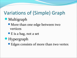 Variations of (Simple) Graph
Multigraph
More than one edge between two
vertices
E is a bag, not a set
Hypergraph
Edges consists of more than two vertex
 