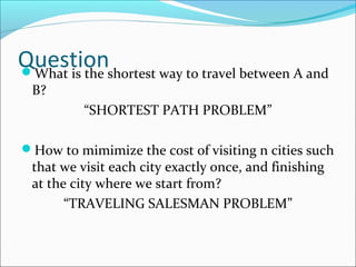 QuestionWhat is the shortest way to travel between A and
B?
“SHORTEST PATH PROBLEM”
How to mimimize the cost of visiting n cities such
that we visit each city exactly once, and finishing
at the city where we start from?
“TRAVELING SALESMAN PROBLEM”
 