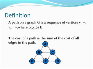 Definition
A path on a graph G is a sequence of vertices v0, v1,
v2, .. vnwhere (vi,vi+1)∈E
The cost of a path is the sum of the cost of all
edges in the path. A
C
D
B
EF
 