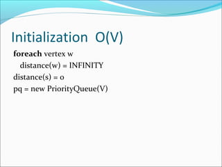 Initialization O(V)
foreach vertex w
distance(w) = INFINITY
distance(s) = 0
pq = new PriorityQueue(V)
 