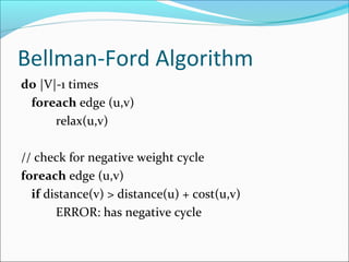 Bellman-Ford Algorithm
do |V|-1 times
foreach edge (u,v)
relax(u,v)
// check for negative weight cycle
foreach edge (u,v)
if distance(v) > distance(u) + cost(u,v)
ERROR: has negative cycle
 