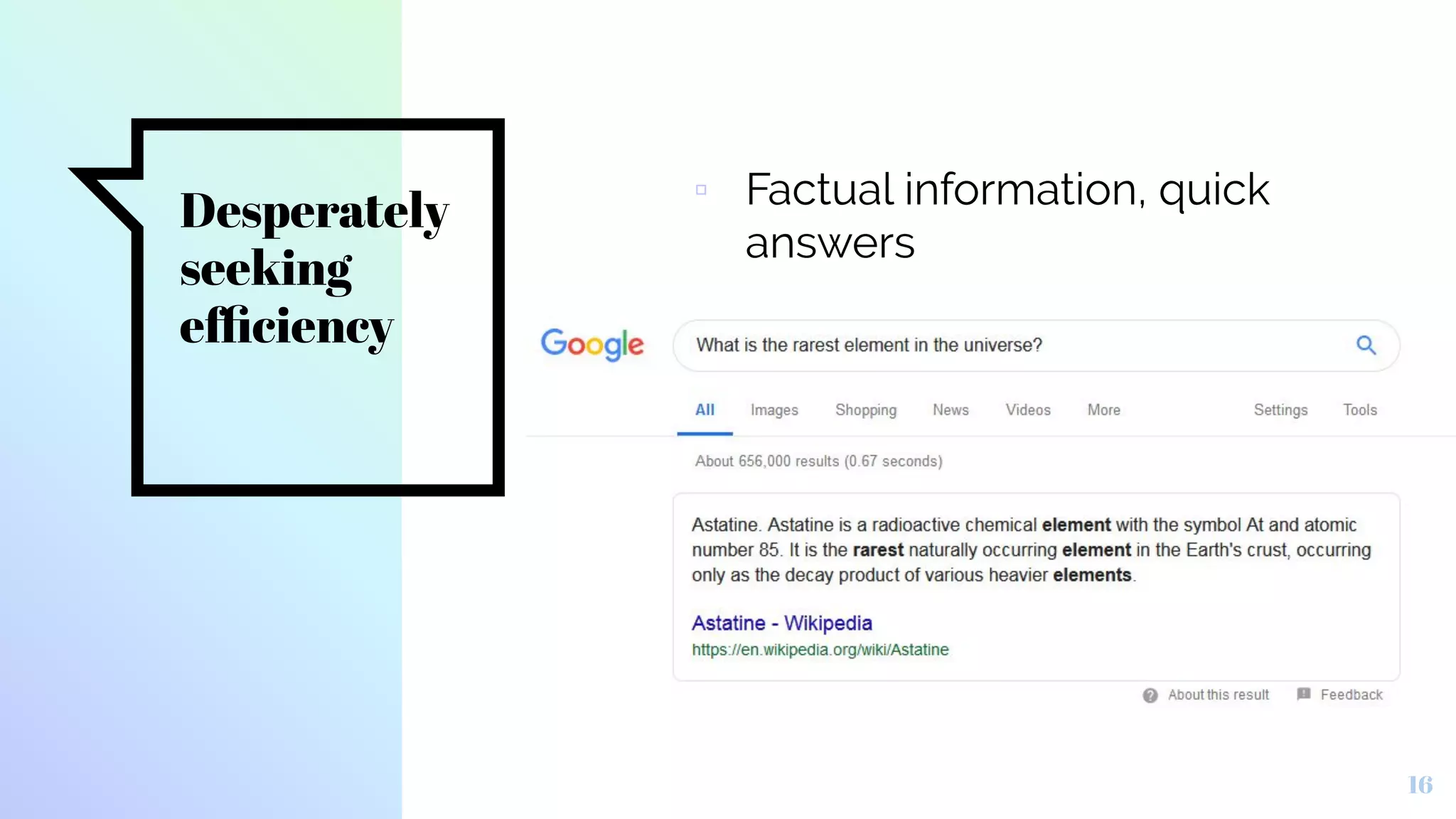 Desperately
seeking
eﬃciency
▫ Factual information, quick
answers
16
 