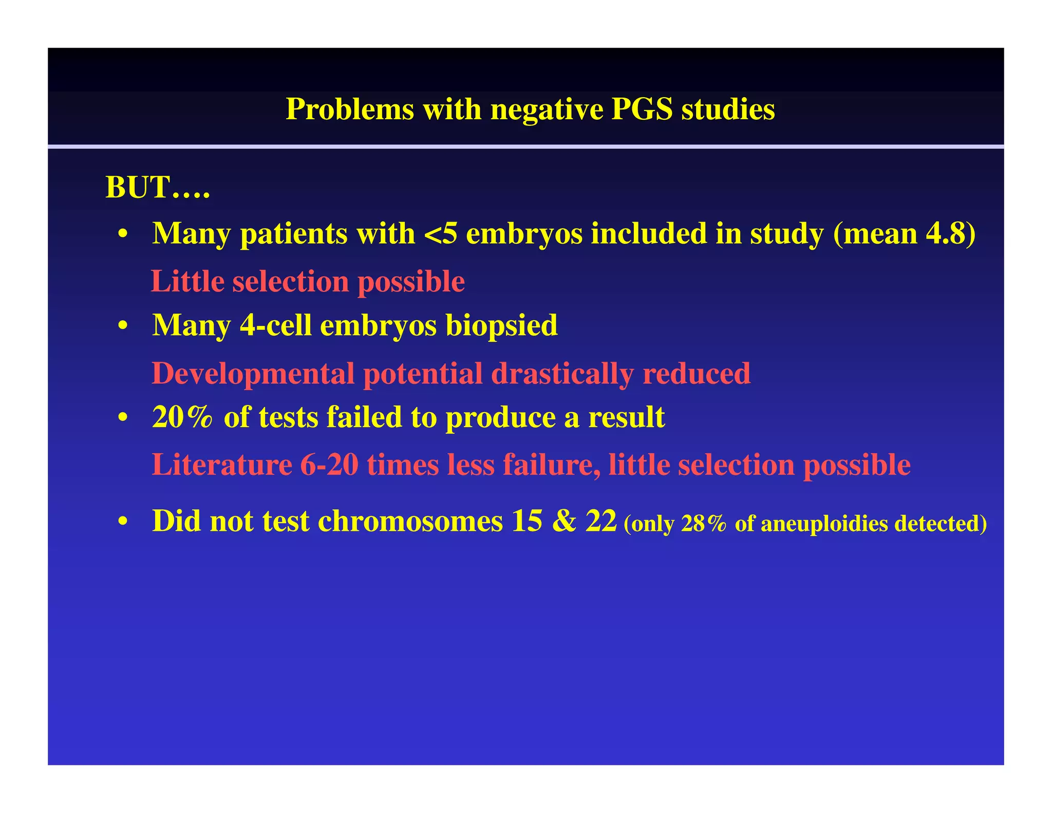 BUT……. 
Problems with negative PGS studies 
• Many patients with <5 embryos included in study (mean 4.8) 
Little selection possible 
• Many 4-cell embryos biopsied 
Developmental potential drastically reduced 
• 20% of tests failed to produce a result 
Literature 6-20 times less failure, little selection possible 
• Did not test chromosomes 15 & 22 (only 28% of aneuploidies detected) 
 
